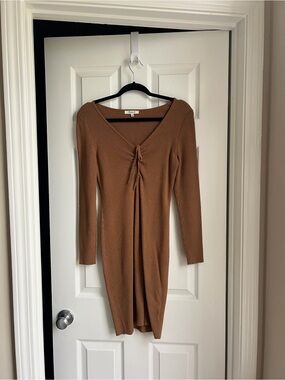 Madewell Brown Ribbed V-Neck Midi Dress with Front Tie